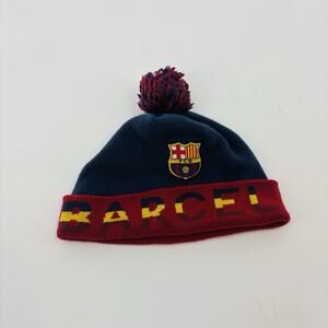 FC Barcelona Beanie Hat Pom Knit Logo Football Soccer Cap Wrap Around Text